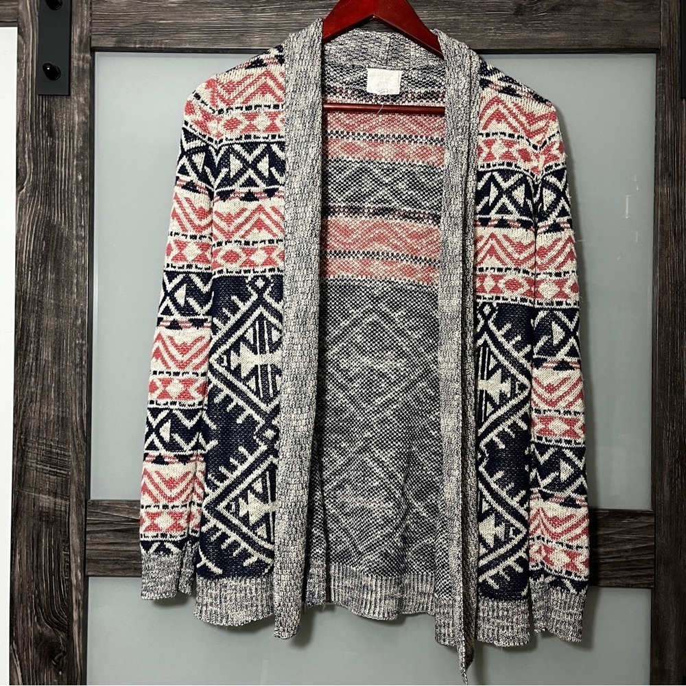Hippie Rose Aztec Southwestern Long Line Open Front Cardigan Women's Medium - Picture 2 of 5